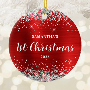 Silver Glitter Red Foil 1st Christmas Ceramic Tree Decoration