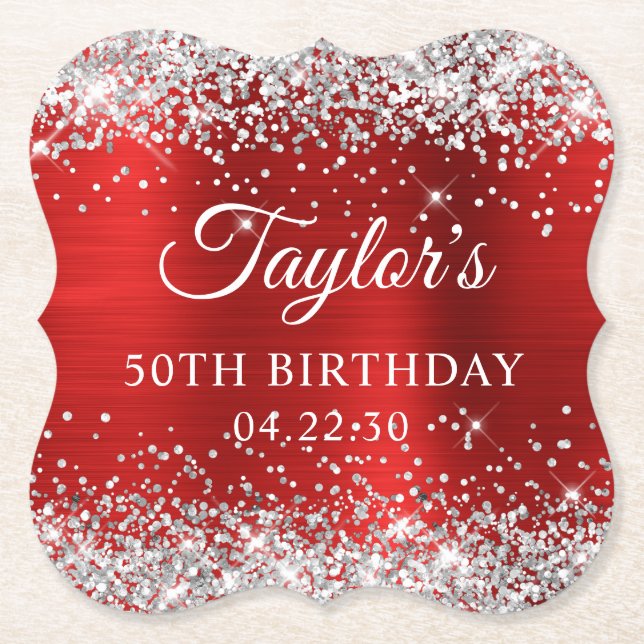 Silver Glitter Red Foil 50th Birthday Paper Coaster (Front)