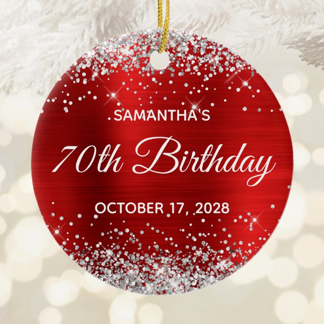 Silver Glitter Red Foil 70th Birthday Ceramic Tree Decoration (Silver Glitter Hot Pink Foil 21st Birthday Photo Ceramic Ornament)