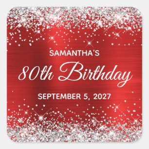 Silver Glitter Red Foil 80th Birthday Square Sticker