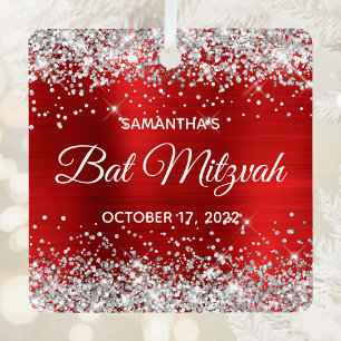 Silver Glitter Red Foil Bat Mitzvah Metal Tree Decoration