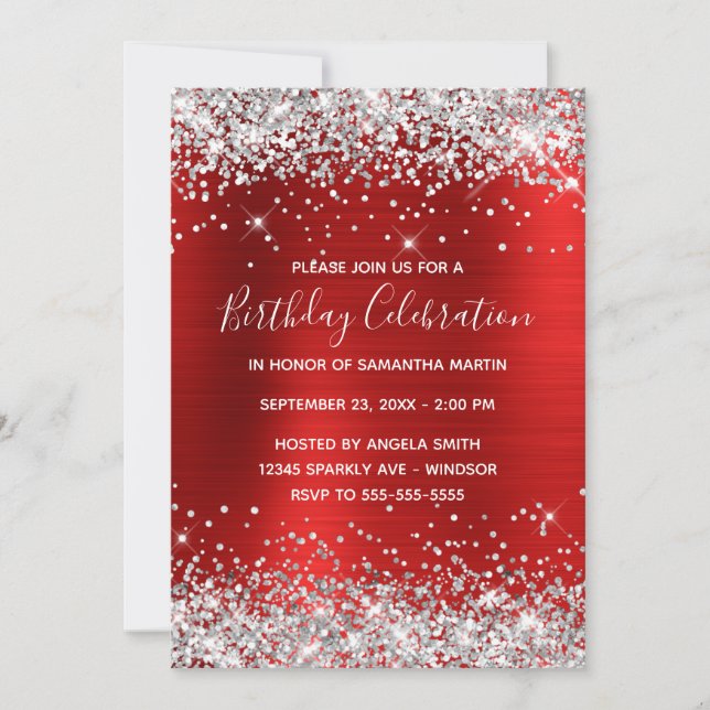 Silver Glitter Red Foil Birthday Celebration Invitation (Front)