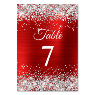 Silver Glitter Red Foil Elegant Calligraphy Table Number