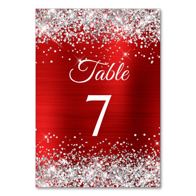 Silver Glitter Red Foil Elegant Calligraphy Table Number (Front)