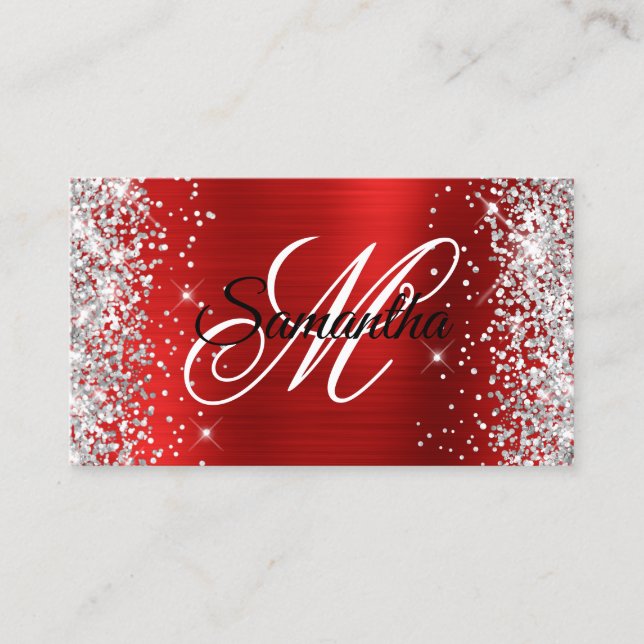Silver Glitter Red Foil Fancy Monogram Business Card (Front)