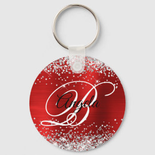 Silver Glitter Red Foil Fancy Monogram Key Ring