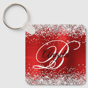 Silver Glitter Red Foil Fancy Monogram Key Ring