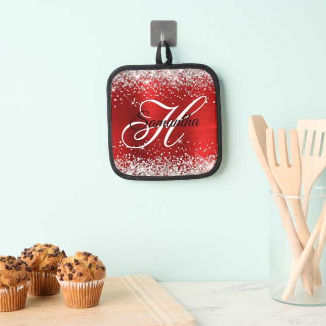 Silver Glitter Red Foil Fancy Monogram Pot Holder (Insitu(Hanging))