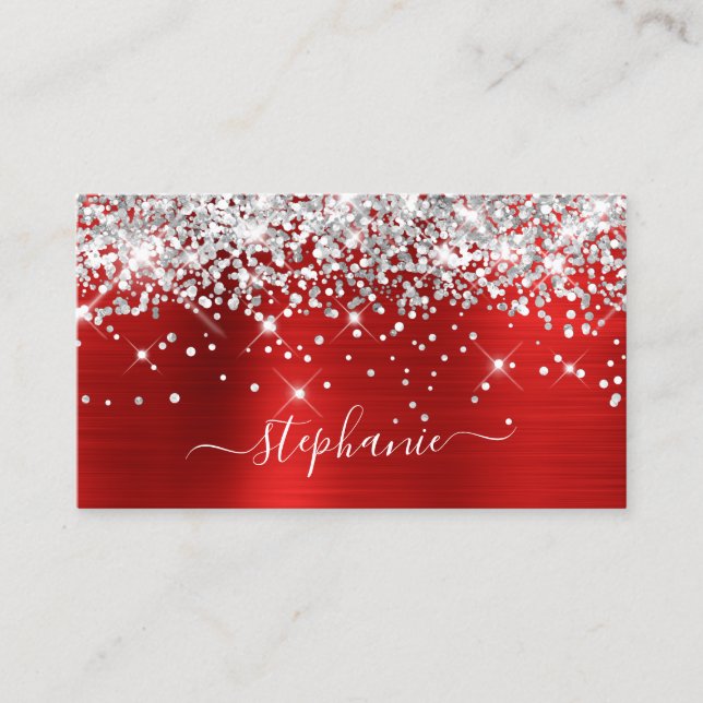 Silver Glitter Red Foil Girly Signature Business C Card (Front)