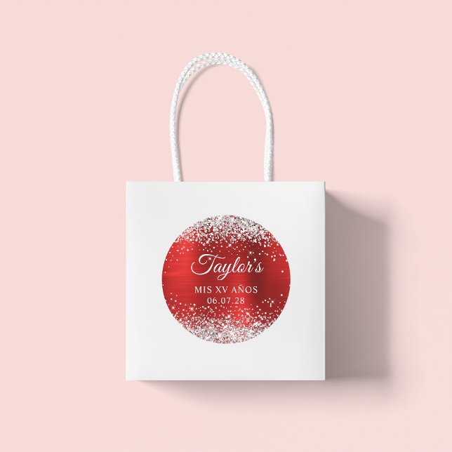 Silver Glitter Red Foil Mis XV Anos Birthday Classic Round Sticker (Large Round Favor Stickers)