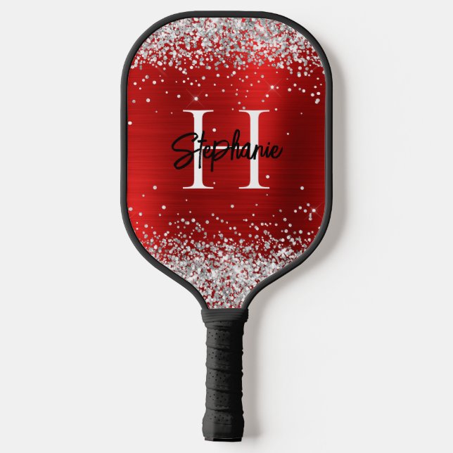 Silver Glitter Red Foil Monogrammed Pickleball Paddle (Back)
