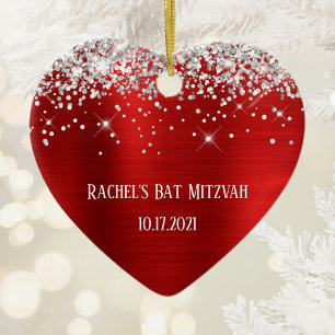 Silver Glitter Red Foil Personalized Bat Mitzvah Ceramic Tree Decoration