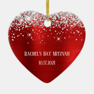 Silver Glitter Red Foil Personalized Bat Mitzvah Ceramic Tree Decoration
