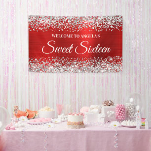 Silver Glitter Red Foil Sweet Sixteen Welcome Banner