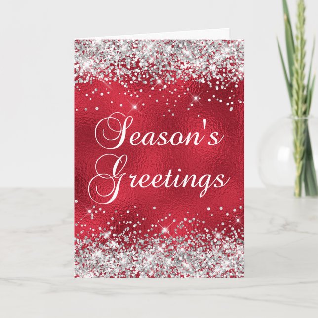Silver Glitter Red Glass Foil Season's Greetings Card (Front)