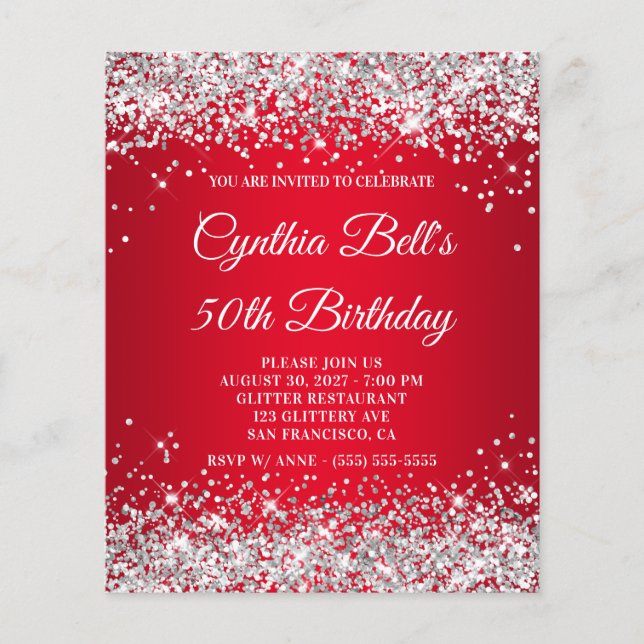 Silver Glitter Red Gradient 50th Birthday Invite Flyer (Front)