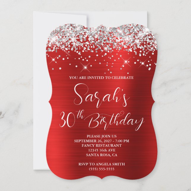 Silver Glitter Red Luxurious 30th Birthday Invitation (Front)
