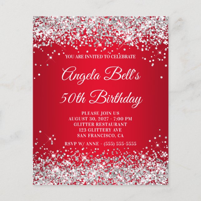 Silver Glitter Red Ombre 50th Birthday Invite Flyer (Front)