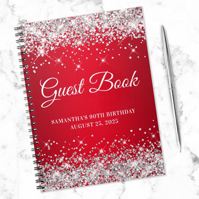 Silver Glitter Red Ombre 90th Birthday Guestbook Notebook (Creator Uploaded)
