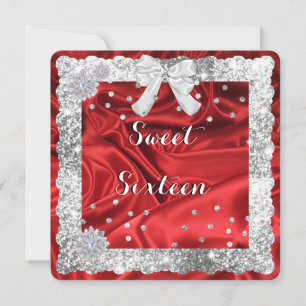 Silver Glitter, Red Satin Sweet Sixteen Invitation