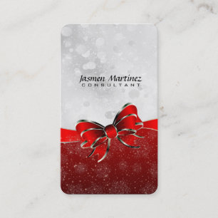 Silver Glitter & Red Sparkles And Bow Monogramed Business Card