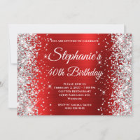 Silver Glitter Red White Monogram 40th Birthday
