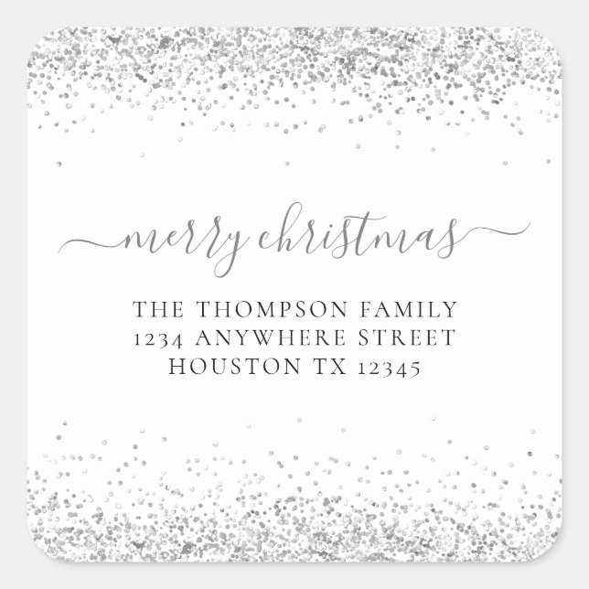 Silver Glitter Return Name Address Merry Christmas Square Sticker (Front)