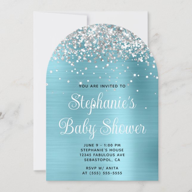 Silver Glitter Robin Egg Blue Baby Shower Invitation (Front)