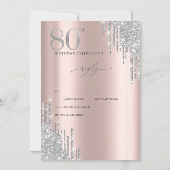 Silver Glitter Rose Gold 80th Birthady RSVP   Invitation (Front)