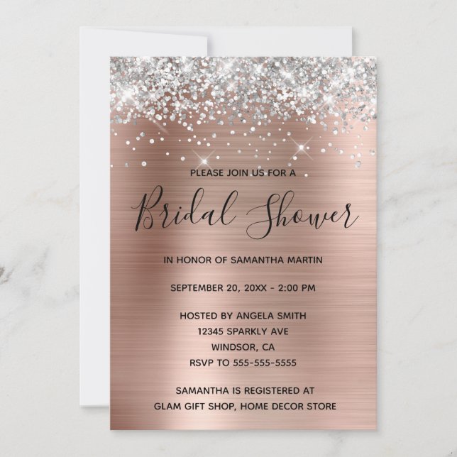 Silver Glitter Rose Gold Foil Bridal Shower Invitation (Front)