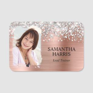 Silver Glitter Rose Gold Foil Brushstroke Photo Name Tag