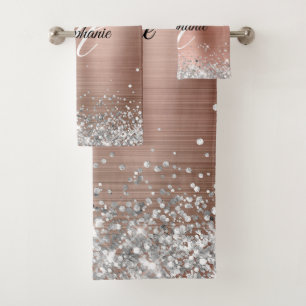 Silver Glitter Rose Gold Foil Fancy Monogram Bath Towel Set