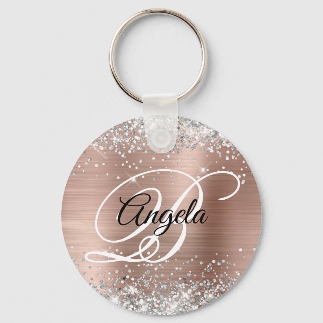 Silver Glitter Rose Gold Foil Fancy Monogram Key Ring (Front)