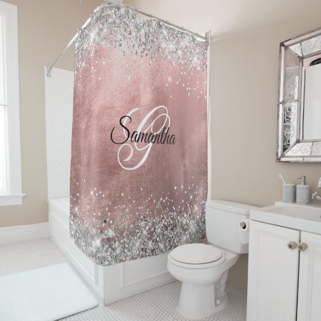 Silver Glitter Rose Gold Foil Fancy Monogram Shower Curtain (In Situ)