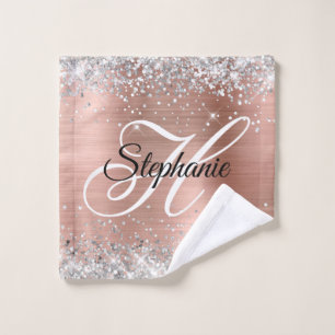 Silver Glitter Rose Gold Foil Fancy Monogram Wash Cloth