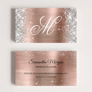Silver Glitter Rose Gold Foil Fancy Monogrammed Business Card