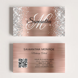 Silver Glitter Rose Gold Foil Monogram QR Code Business Card