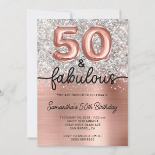 Silver Glitter Rose Gold Glam 50 and Fabulous Invitation