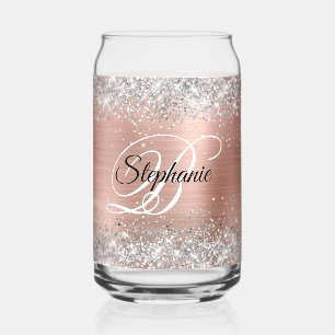 Silver Glitter Rose Gold Glam Fancy Monogram Can Glass