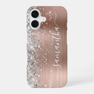 Silver Glitter Rose Gold Metallic Girly Signature iPhone 16 Case
