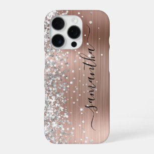 Silver Glitter Rose Gold Metallic Girly Signature iPhone 16 Pro Case