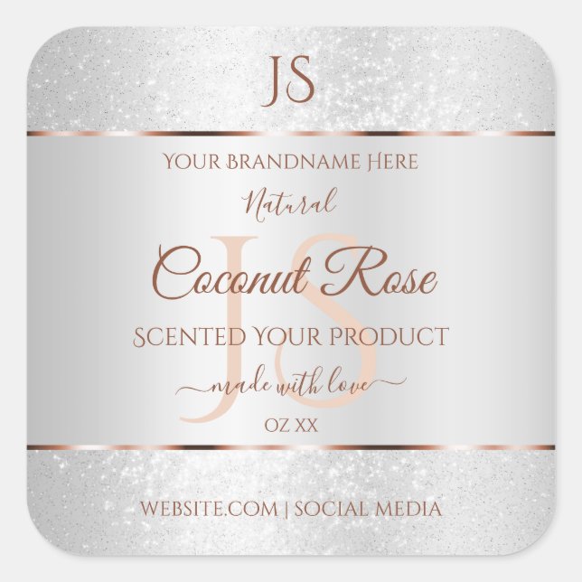 Silver Glitter Rose Gold Product Labels Initials (Front)