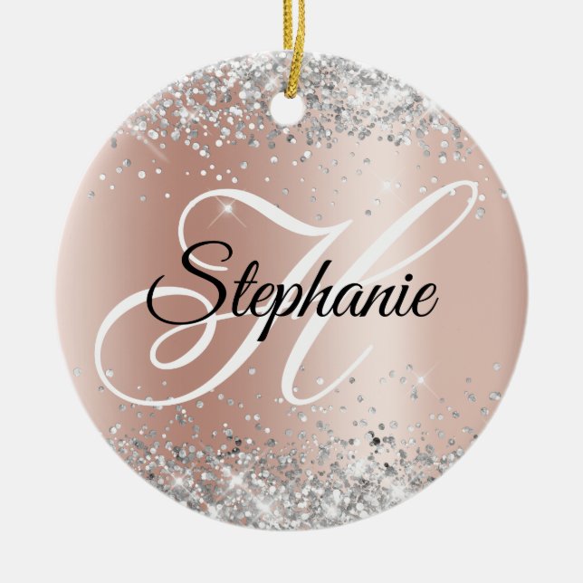 Silver Glitter Rose Gold Shimmer Fancy Monogram Ceramic Tree Decoration (Front)