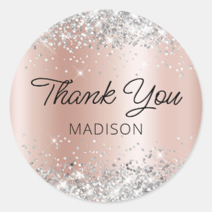 Silver Glitter Rose Gold Shimmer Ombre Thank You Classic Round Sticker