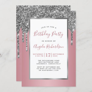 Silver Glitter Rose Gold Sparkle Birthday Party Invitation