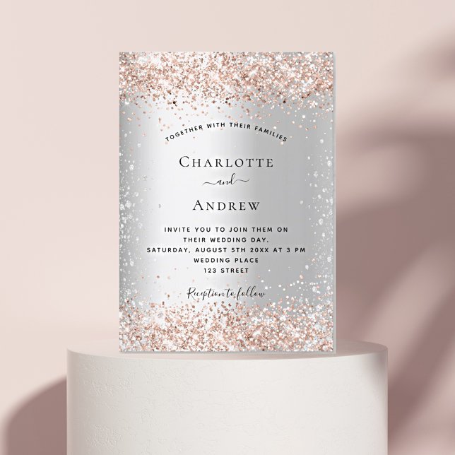 Silver glitter rose gold sparkle wedding invitation (Creator Uploaded)