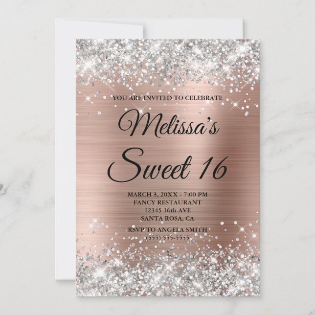 Silver Glitter Rose Gold Sweet 16 Fancy Monogram Invitation (Front)