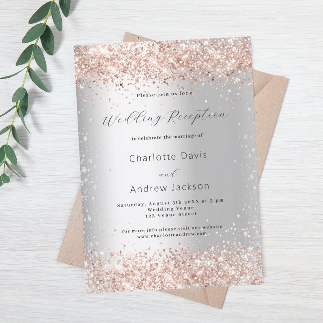 Silver glitter rose gold wedding reception invitation (Creator Uploaded)
