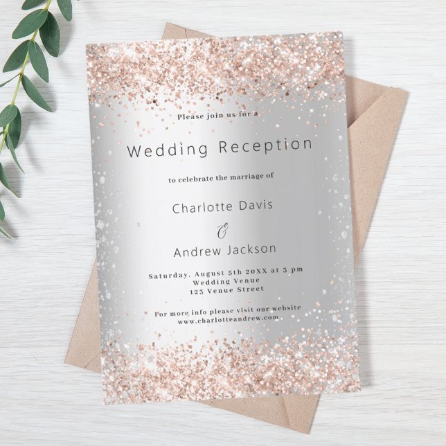 Silver glitter rose gold wedding reception invitation (Creator Uploaded)
