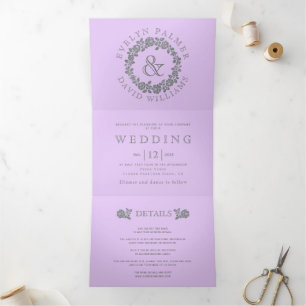 Silver glitter rose wreath lavender wedding  Tri-Fold invitation